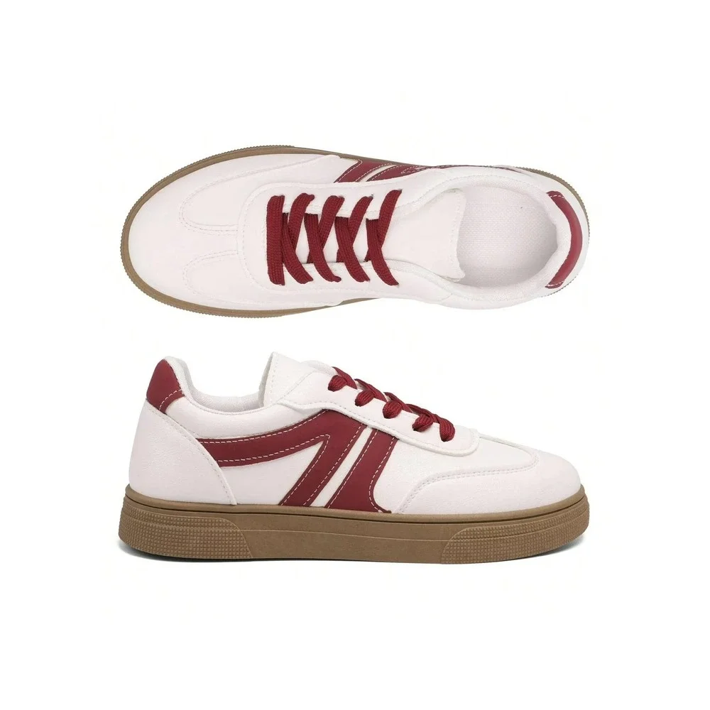 Women's US 8 White/Red Sneakers Casual Sporty Low Top Lace-Up Round Toe Shoes